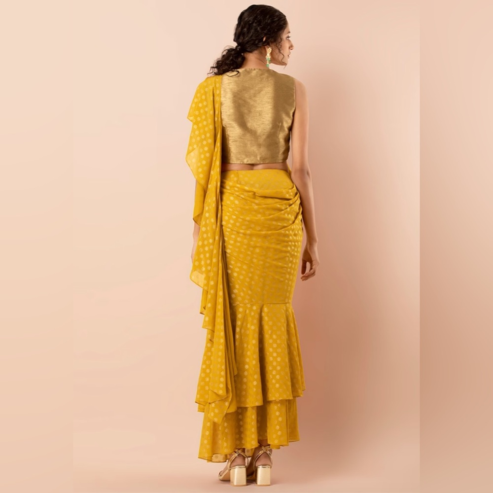 Yellow Foil Ruffled Pre-Stitched Saree (Without Blouse) Size Small - Picture 4 of 6